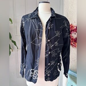 Chico’s 0 Women’s Small Jacket Lightweight Pockets Casual Black Flower White